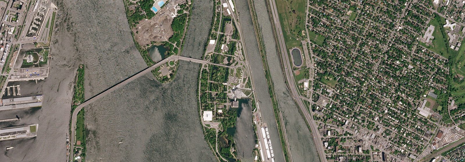Aerial satellite view of the Circuit Gilles Villeneuve motor racing track on Ile Notre-Dame in Montreal, Quebec - Circuit Gilles Villeneuve tickets
