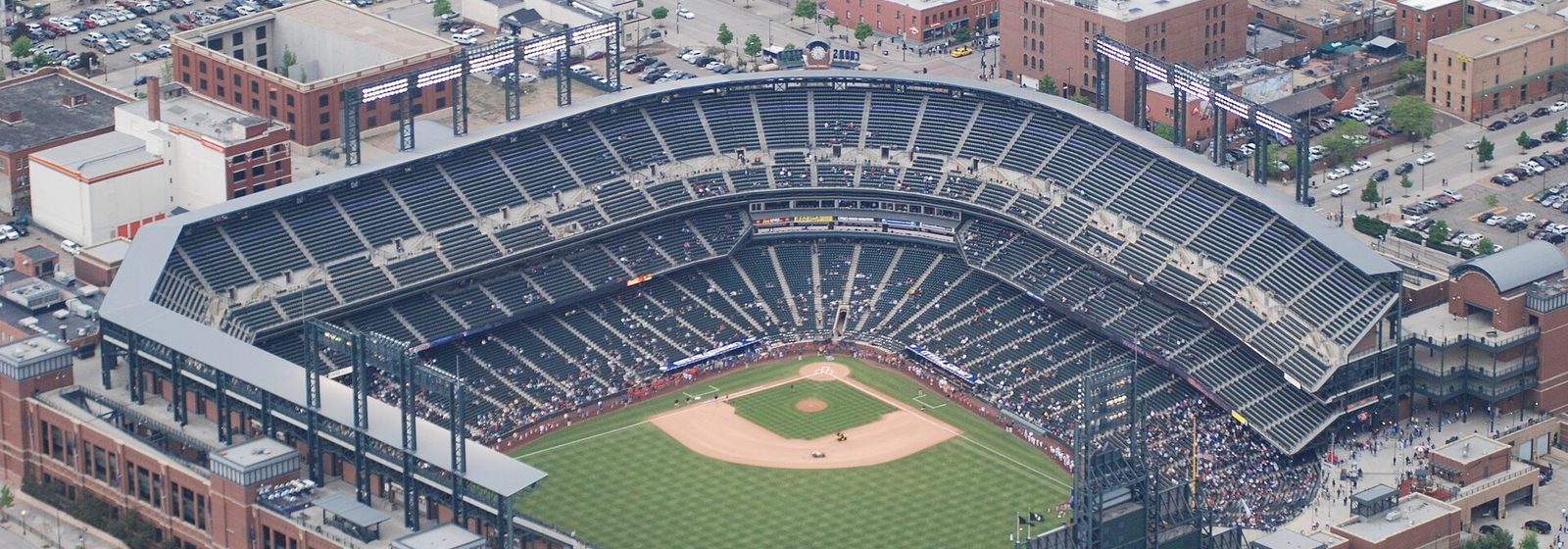 Aerial view of Coors Field, the open-air baseball stadium in downtown Denver, Colorado - Coors Field tickets