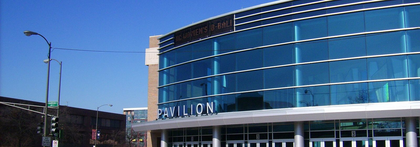 Glass-fronted exterior of Credit Union 1 Arena, formerly the UIC Pavilion, on the University of Illinois Chicago campus in Chicago - Credit Union 1 Arena tickets