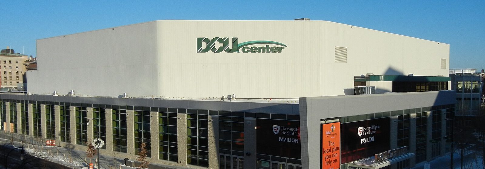 Elevated exterior view of the DCU Center arena and convention center on Foster Street in downtown Worcester, Massachusetts - DCU Center tickets