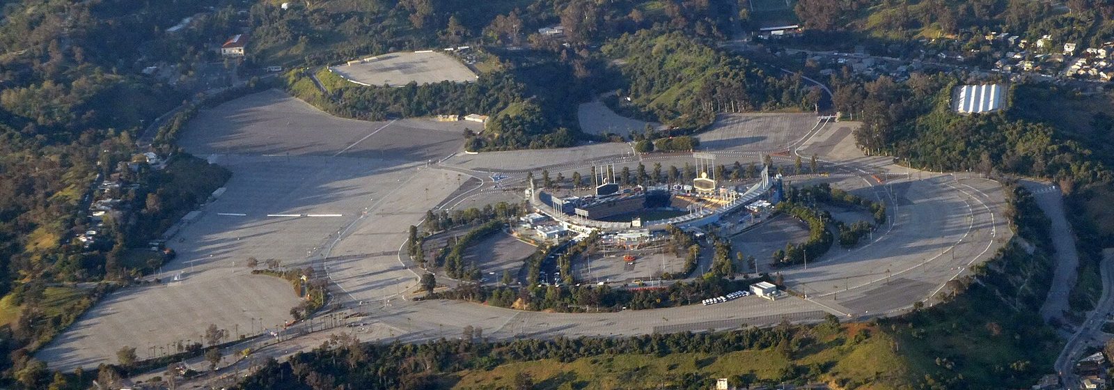Aerial view of Dodger Stadium and its surrounding parking lots in Chavez Ravine, Los Angeles - Dodger Stadium tickets