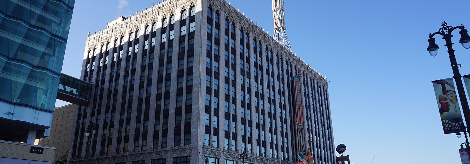 Exterior of the Fox Theatre building with its vertical Fox sign and marquee on Woodward Avenue in Detroit, Michigan - Fox Theatre - Detroit tickets