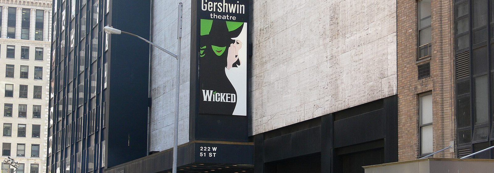 Street-level view of the Gershwin Theatre facade at 222 West 51st Street in Manhattan, New York City - Gershwin Theatre tickets
