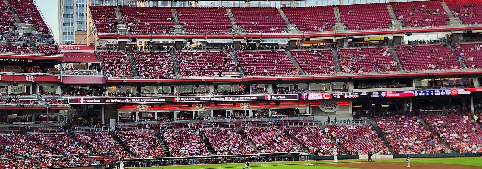 Wide interior view of the seating bowl and playing field at Great American Ball Park in Cincinnati during an evening baseball game - Great American Ball Park tickets