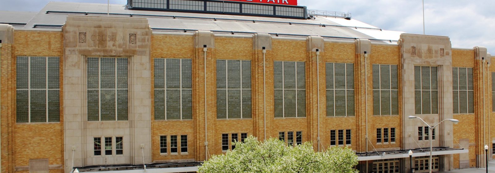 The Art Deco limestone facade of the coliseum at the Indiana State Fairgrounds in Indianapolis, Indiana - Indiana State Fairground tickets