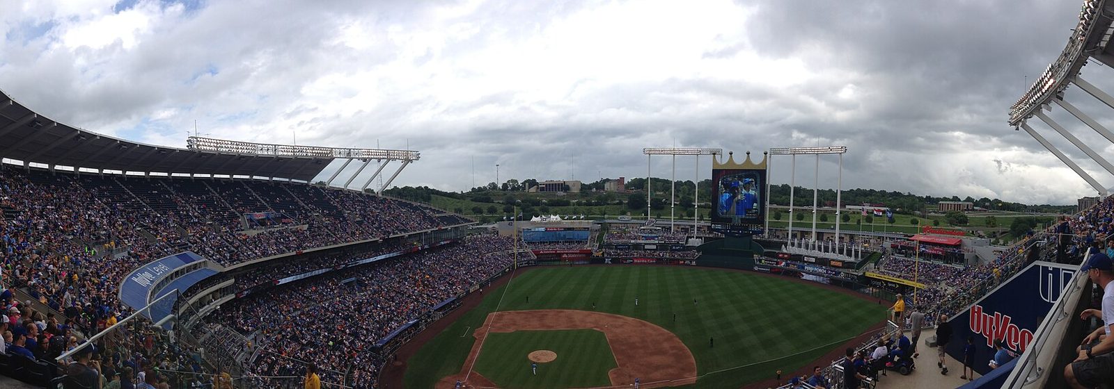 Panoramic view of the seating bowl, playing field, and crown-shaped scoreboard at Kauffman Stadium in Kansas City, Missouri - Kauffman Stadium tickets