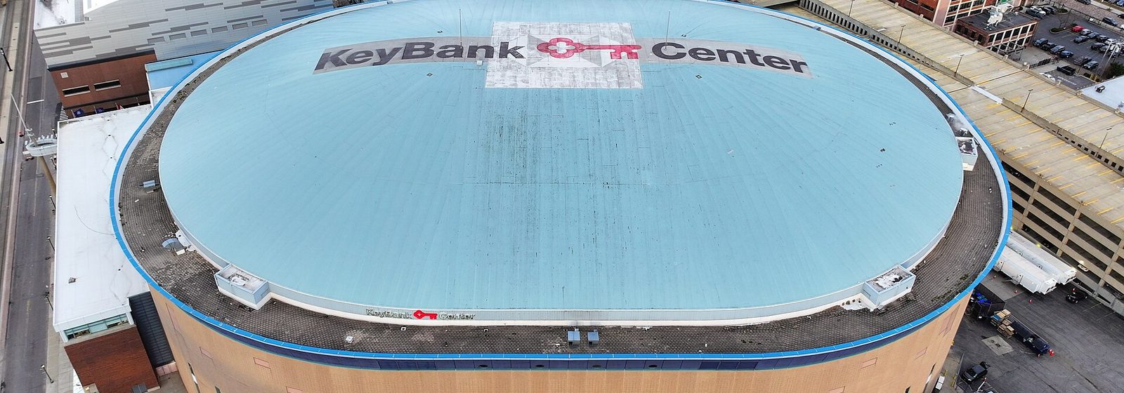 Aerial view of the exterior of KeyBank Center arena in downtown Buffalo, New York - KeyBank Center tickets