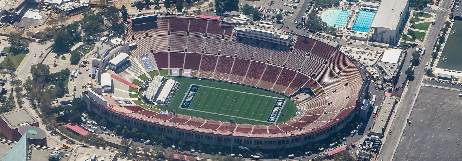 Aerial view of the Los Angeles Memorial Coliseum stadium bowl and its arched peristyle in Exposition Park, Los Angeles - Los Angeles Memorial Coliseum tickets