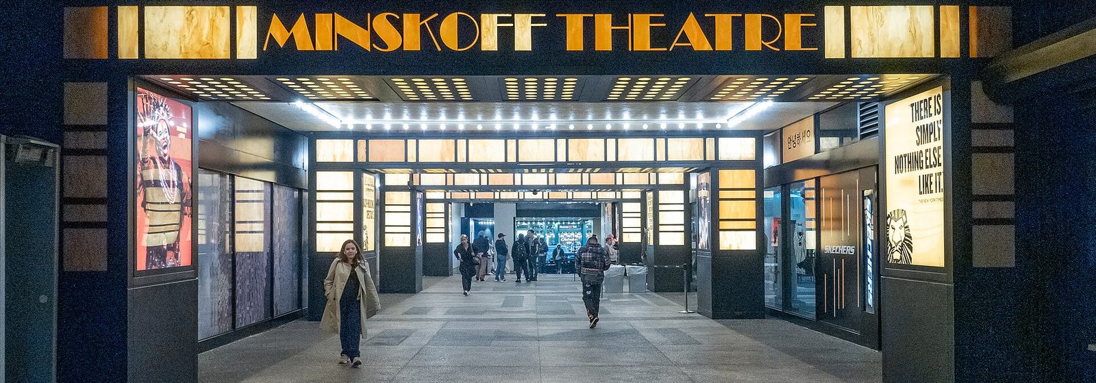 Illuminated entrance arcade and marquee of the Minskoff Theatre in Manhattan, New York City - Minskoff Theatre tickets