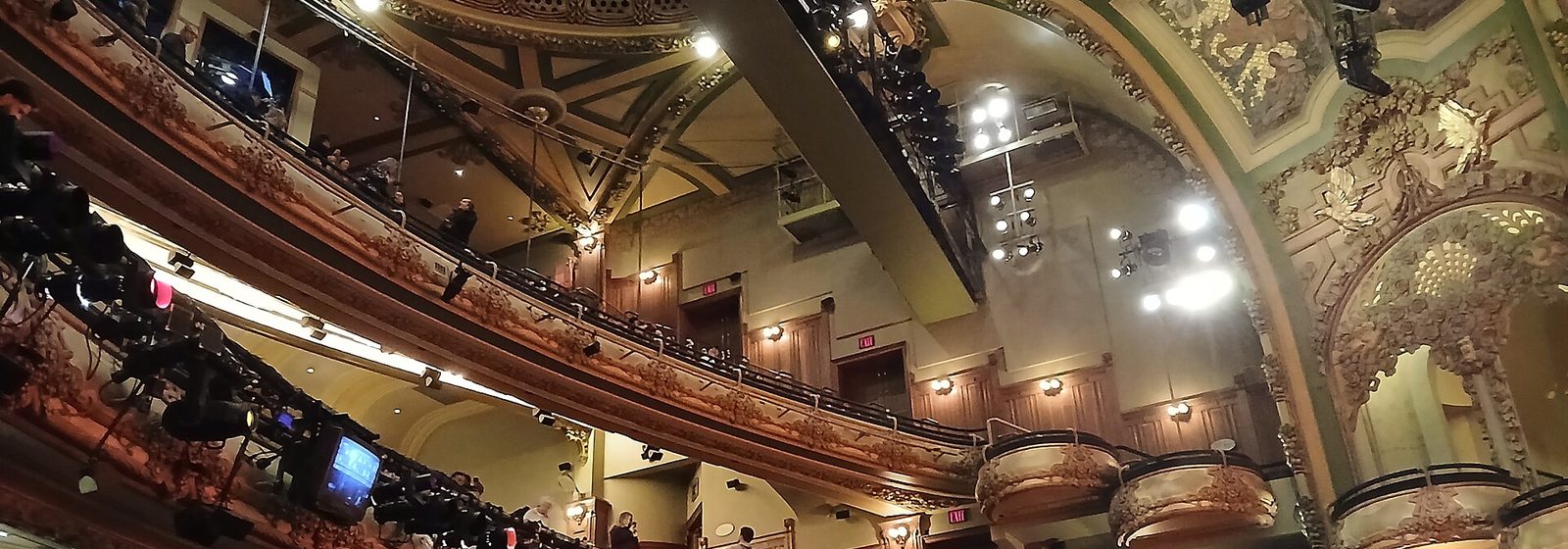 Wide interior view of the New Amsterdam Theatre auditorium in Manhattan, New York City, showing its curved Art Nouveau balconies and box seats - New Amsterdam Theatre tickets