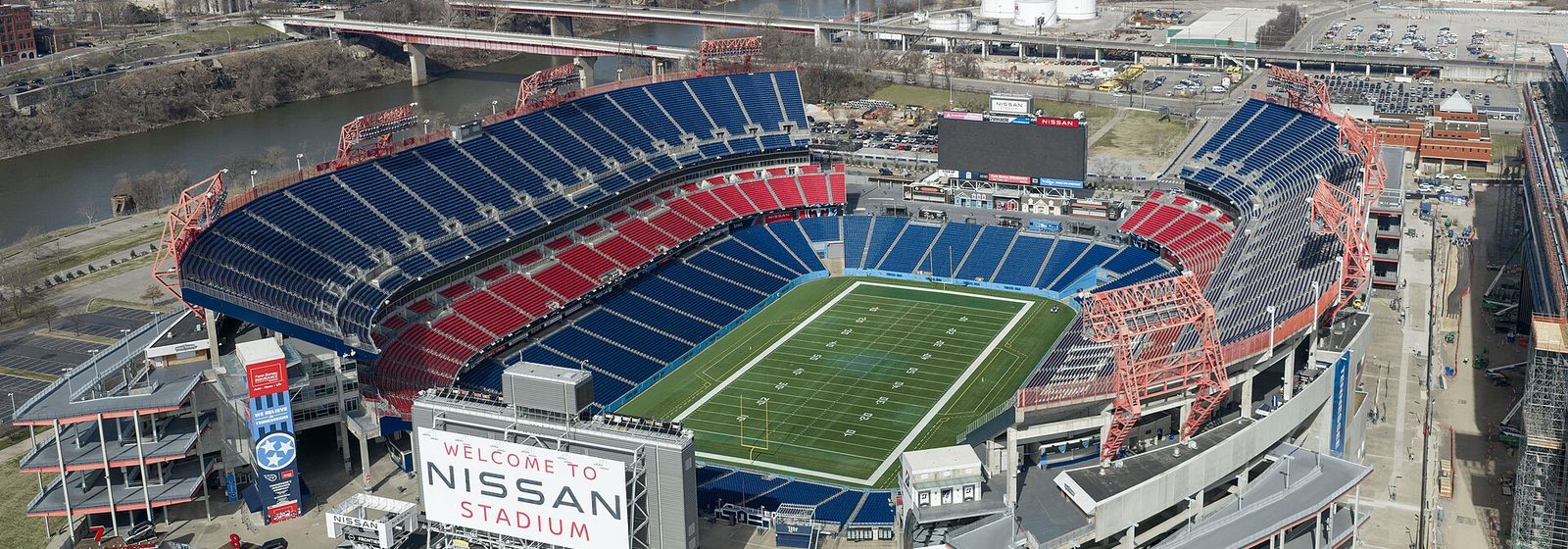 Aerial view of Nissan Stadium, home of the Tennessee Titans, along the Cumberland River in Nashville, Tennessee - Nissan Stadium - Nashville tickets