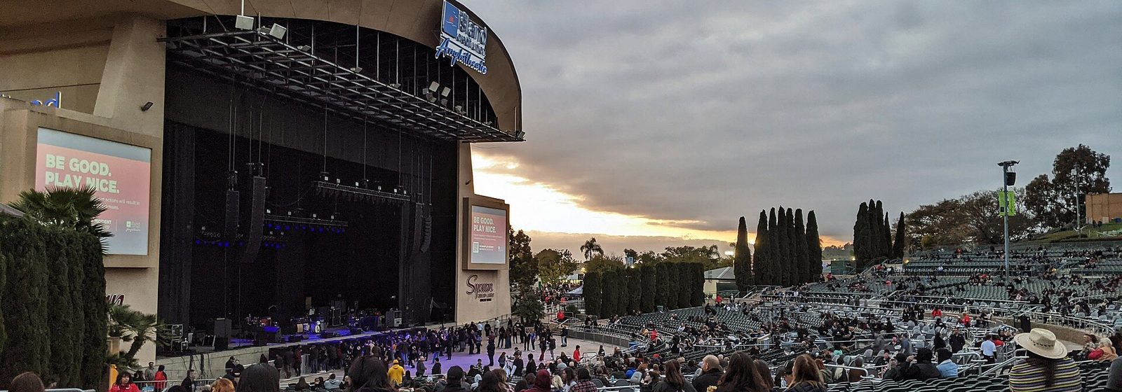 View across the seating bowl toward the covered stage pavilion at North Island Credit Union Amphitheatre in Chula Vista before a concert - North Island Credit Union Amphitheatre tickets