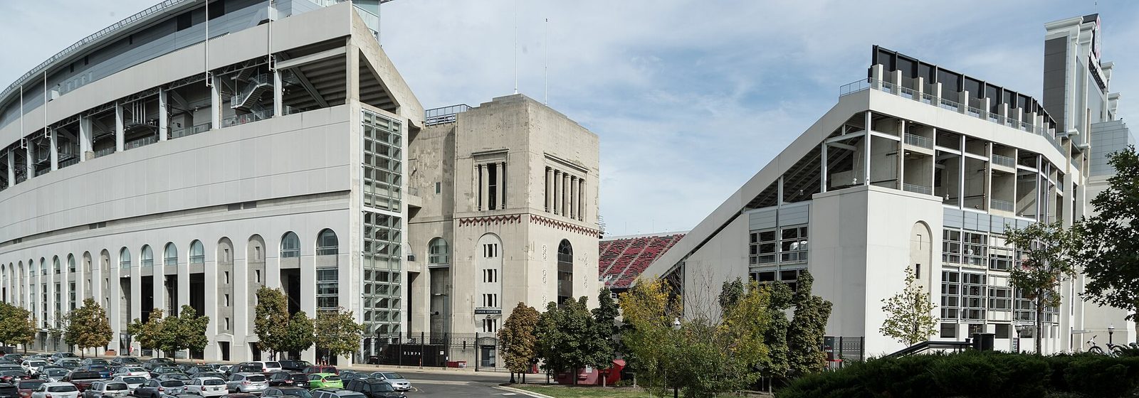 Exterior view of the horseshoe-shaped Ohio Stadium along the Olentangy River in Columbus, Ohio - Ohio Stadium tickets