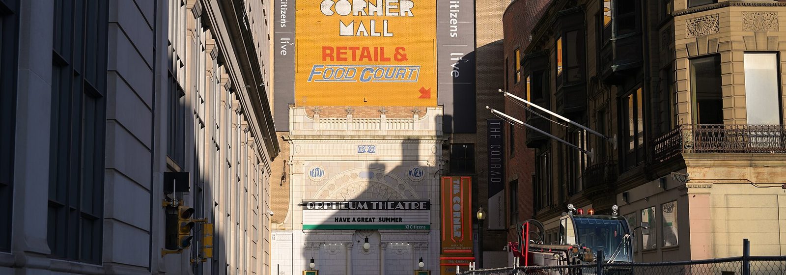 The Orpheum Theatre facade and marquee seen down Hamilton Place in downtown Boston - Orpheum Theatre - Boston tickets