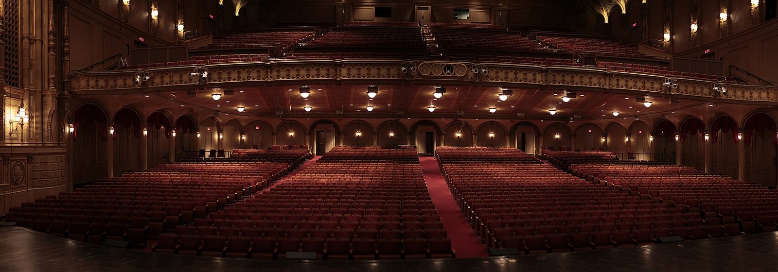 Panoramic interior view of the ornate auditorium and empty seating of the Orpheum Theatre in Vancouver, British Columbia, seen from the stage - Orpheum Theatre - Vancouver tickets