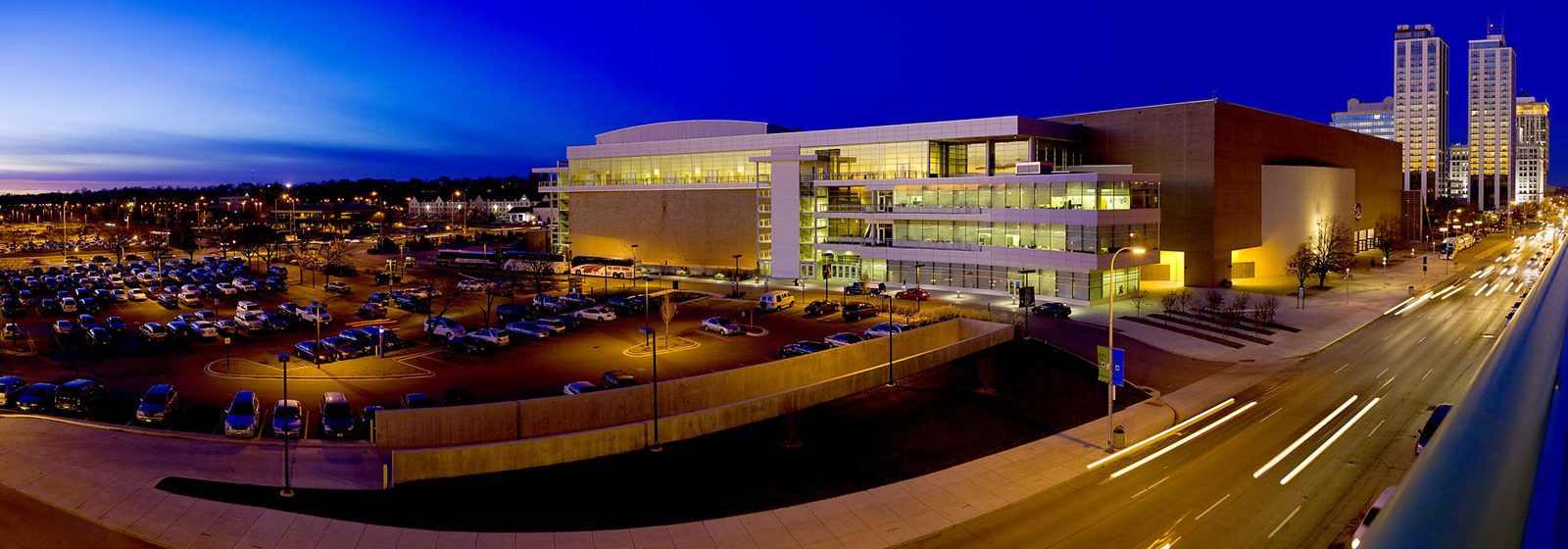 Evening view of the Peoria Civic Center complex, home of Carver Arena, above Jefferson Street in downtown Peoria, Illinois - Peoria Civic Center - Arena tickets