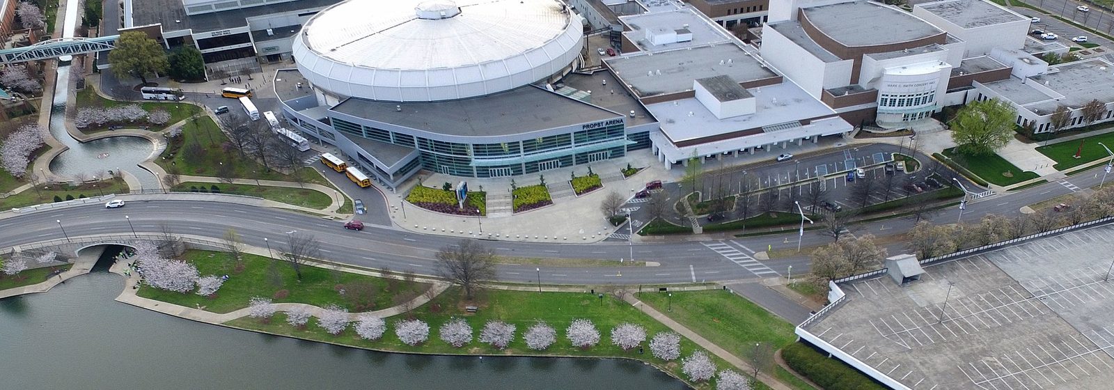 Aerial view of the Von Braun Center, home of Propst Arena, beside Big Spring Park in Huntsville, Alabama - Propst Arena at the Von Braun Center tickets
