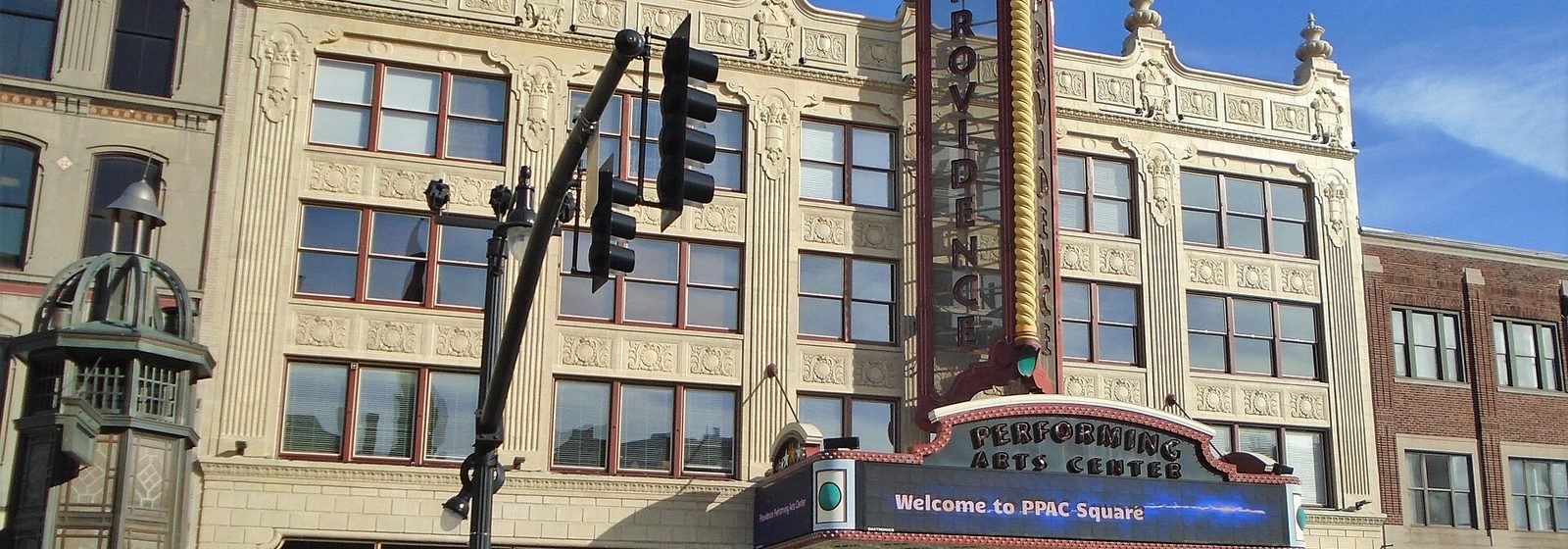 Street-level view of the Providence Performing Arts Center facade and marquee on Weybosset Street in downtown Providence, Rhode Island - Providence Performing Arts Center tickets