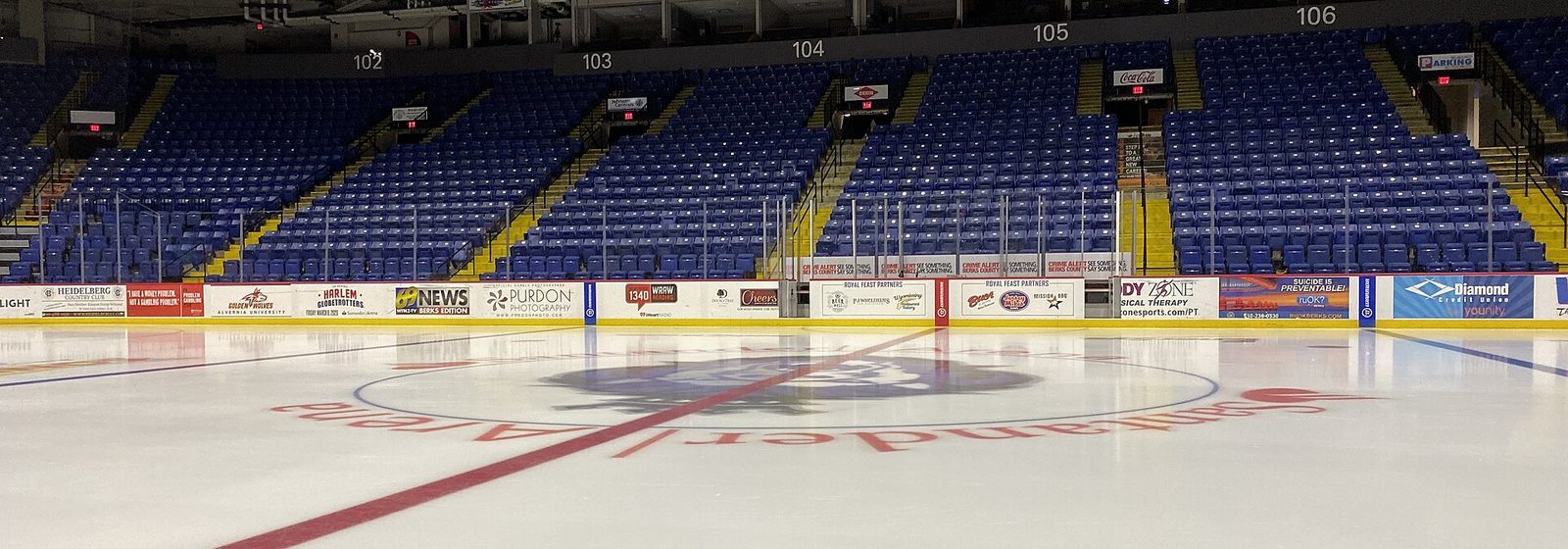 Ice-level view of the empty seating bowl and hockey rink inside Santander Arena in Reading, Pennsylvania - Santander Arena tickets
