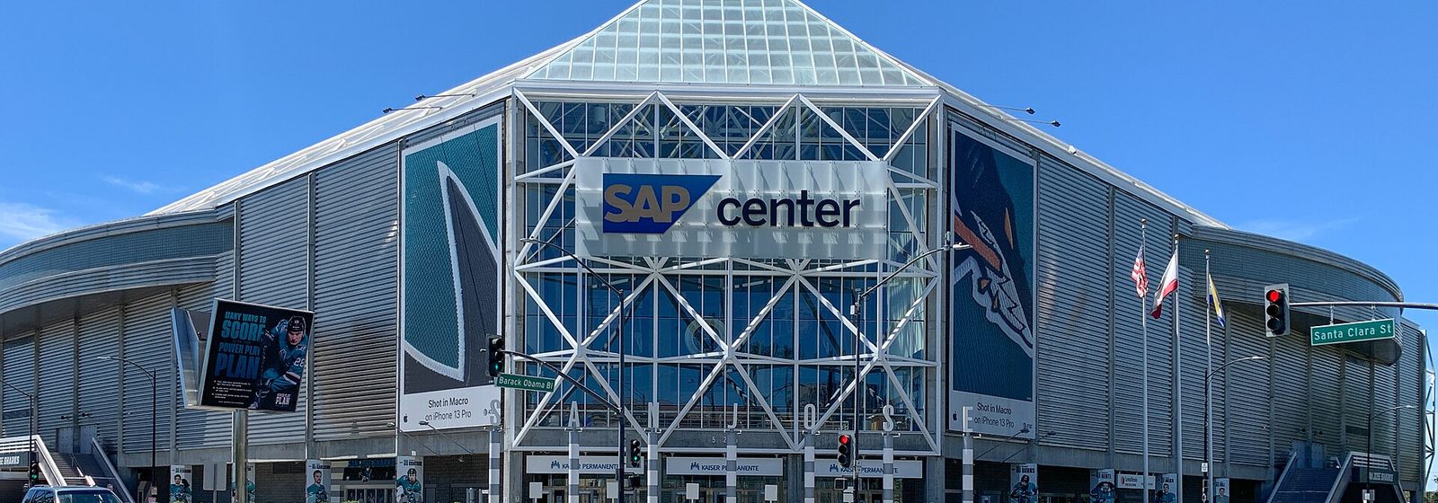 Airports near SAP Center Street-level view of the glass-and-steel main entrance of SAP Center on Santa Clara Street in San Jose, California - SAP Center tickets