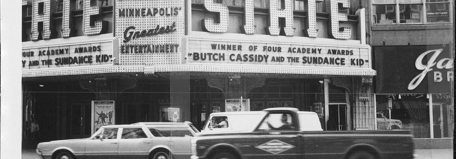 Black-and-white 1970 photograph of the State Theatre facade and marquee on Hennepin Avenue in Minneapolis - State Theatre - MN tickets