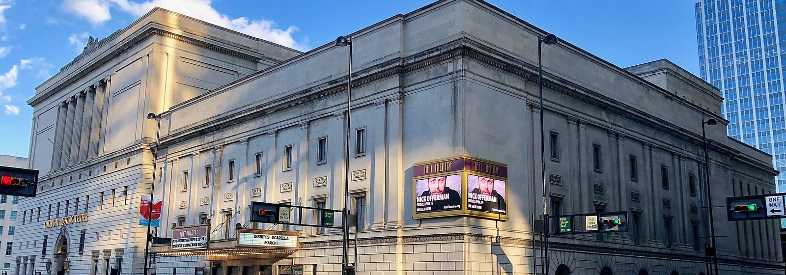 Exterior corner view of the neoclassical Taft Theatre and Masonic Center building in downtown Cincinnati, Ohio - Taft Theatre tickets