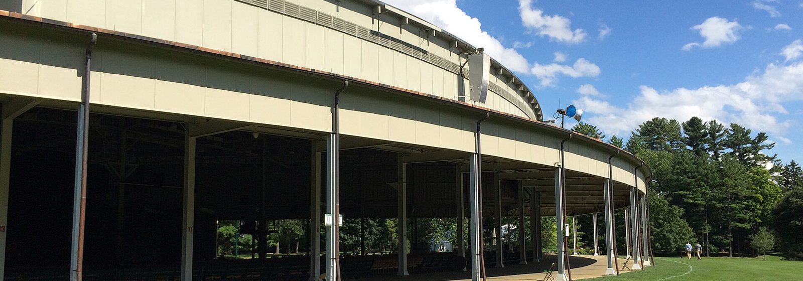 Exterior of the open-sided Koussevitzky Music Shed concert pavilion seen from the lawn at Tanglewood in Lenox, Massachusetts - Tanglewood tickets