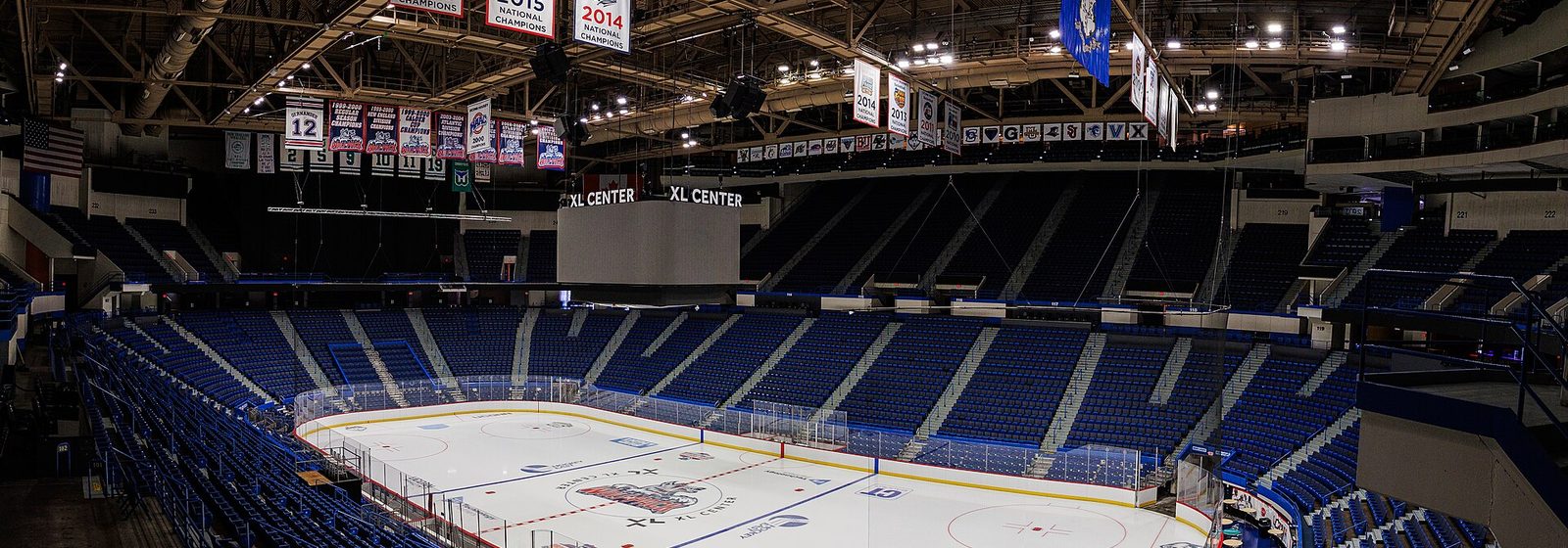 Wide interior view of the empty XL Center arena bowl in Hartford, Connecticut, set up in its hockey configuration - XL Center tickets